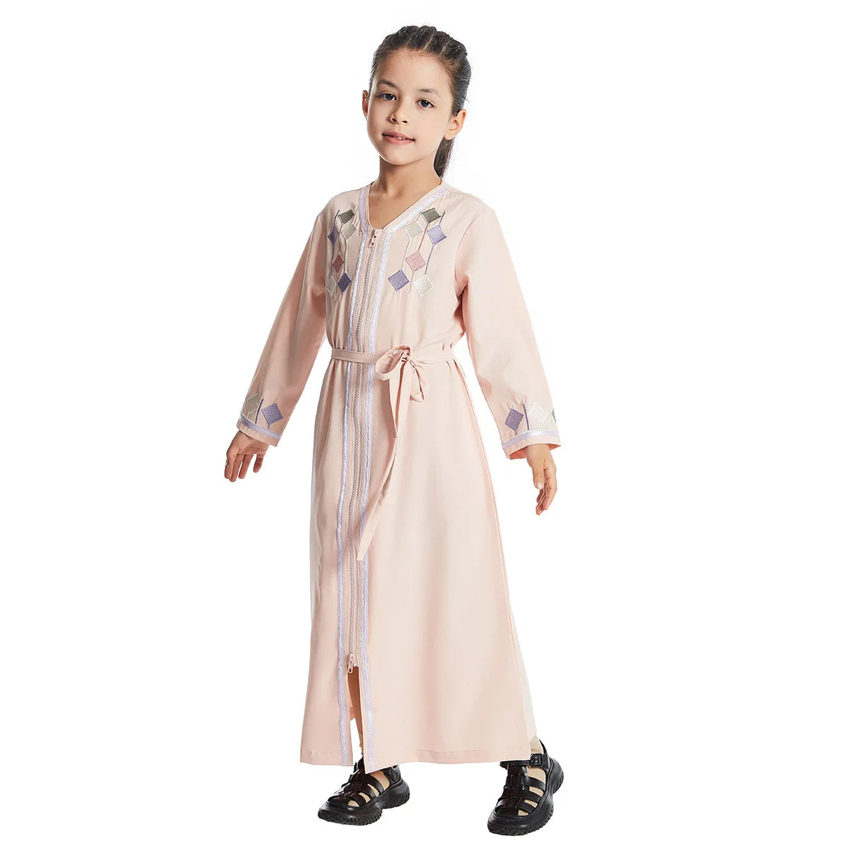 New Muslim Kids Girls Zipper Front Open Abaya Morocco Kaftan Islamic Child Clothes Eid Ramadan Jalabiya Arabic Robe Caftan Dress