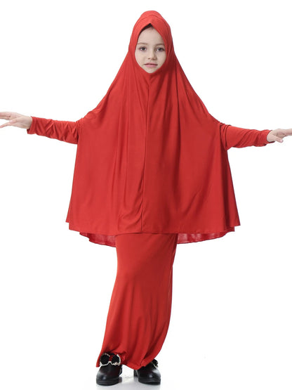 2pcs Set Abaya Muslim Kids Girls Gowns Long Overhead Hijab Maxi Dress Islamic Prayer Garment Clothing Set Turkey Khimar Ramadan