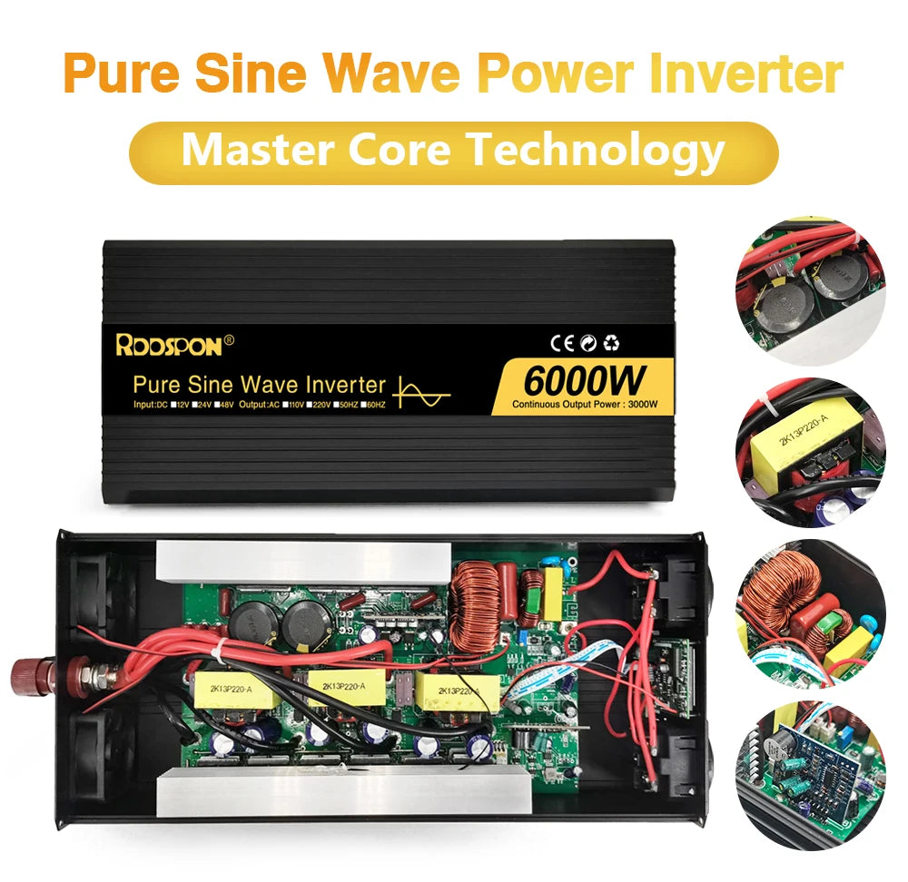 RDDSPON  Pure Sine Wave Inverters 4000W 5000W 6000W  Double EU SocketDC 12V 24V 48V to AC 110V 220V,50Hz,60Hz  Voltage Converter