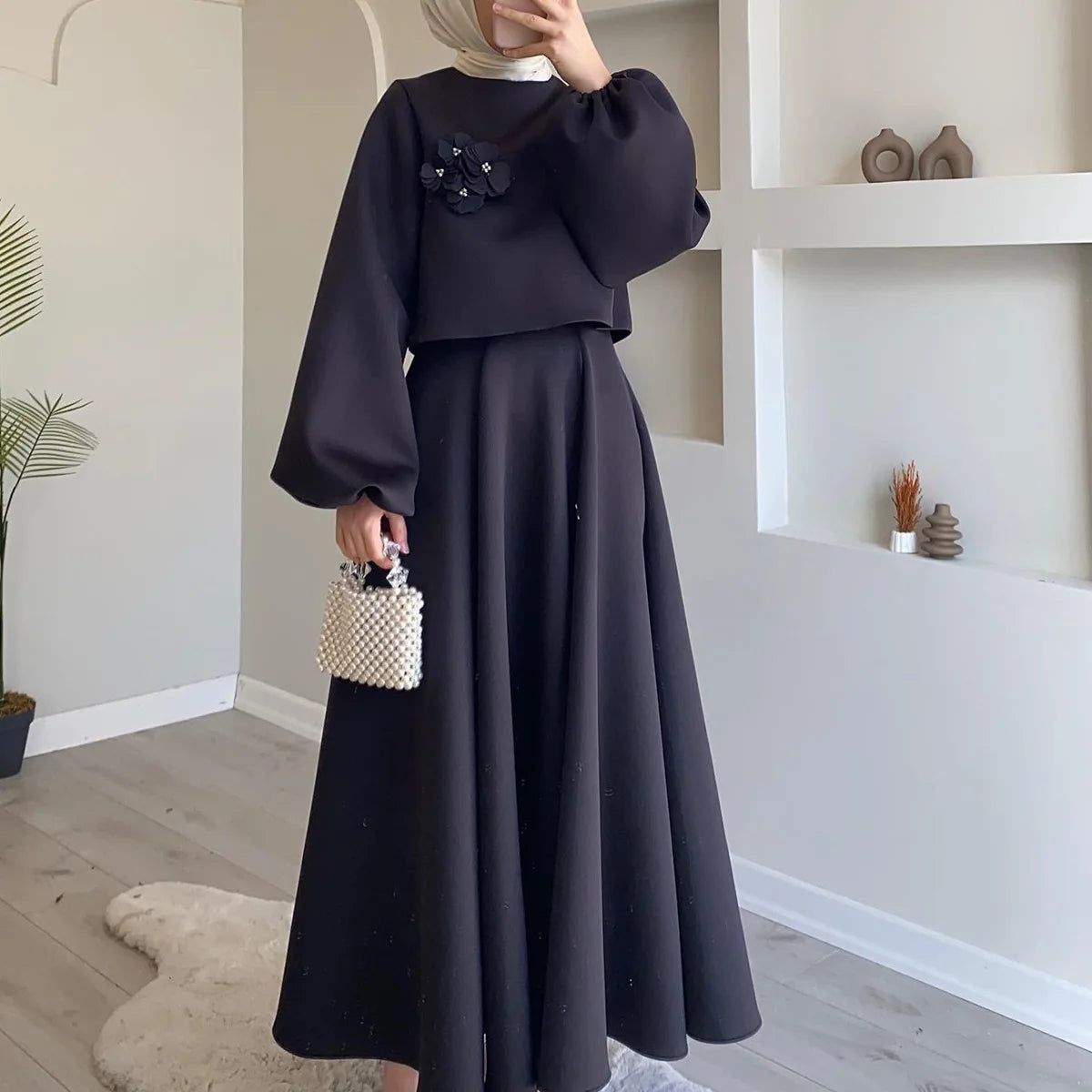 2  Piece Muslim Sets Women Middle East Dubai Flower Lantern Sleeve Tops Skirts Set Dress Kimono Kaftan 2pc Ramadan Islam Clothes