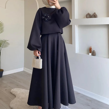 2  Piece Muslim Sets Women Middle East Dubai Flower Lantern Sleeve Tops Skirts Set Dress Kimono Kaftan 2pc Ramadan Islam Clothes