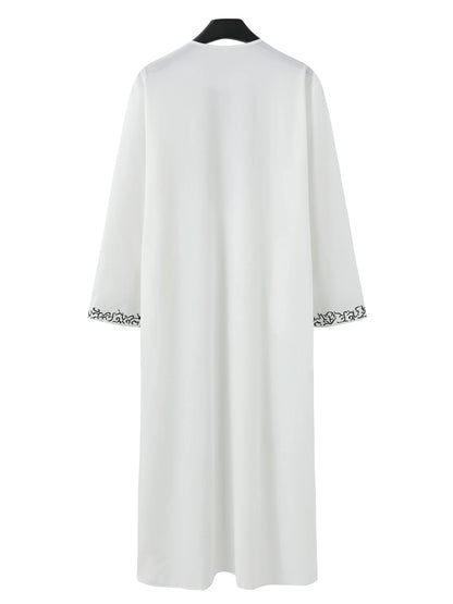 2024 New Men's Luxury White Muslim Moroccan Style Abaya Classic Embroidered Long Sleeve Formal Wear Islamic Arabic Thobe