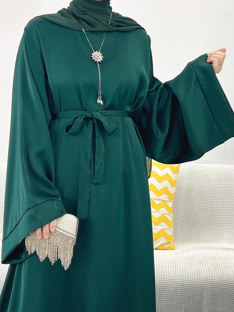 Plain Satin Abaya Dress for Muslim Women, Side Pockets Wide Sleeves, Dubai Turkish Hijabi Islamic Clothing, Modest Robe, Ramadan