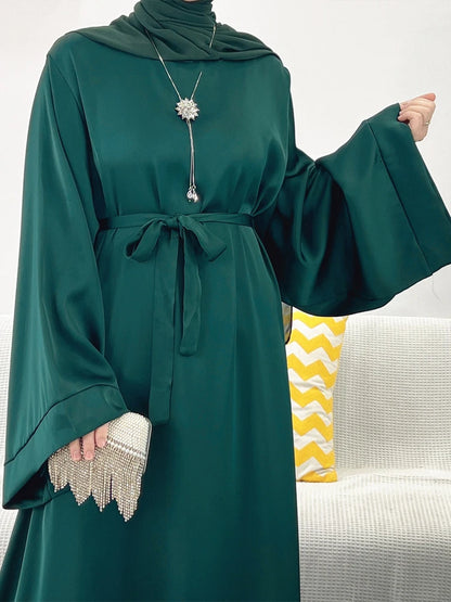 Plain Satin Abaya Dress for Muslim Women, Side Pockets Wide Sleeves, Dubai Turkish Hijabi Islamic Clothing, Modest Robe, Ramadan