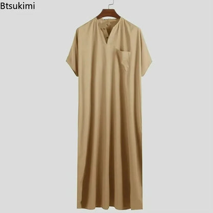 New 2025 Men Islamic Arabic Kaftan Vintage Solid Short Sleeve Loose Retro Robes Abaya Dubai Middle East Muslim Clothing S-5XL