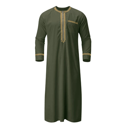 Mens Muslim Robe Arab Middle Robe Long Sleeve Embroidered Pocket Long Abaya Shirt Prayer Muslim Men Clothing