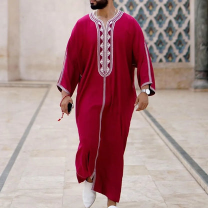 New 2025 Islamic Clothing Men Robe Kaftan Muslim Man Moroccan Casual Long Dress Arabic Striped Robe Middle East National Costume