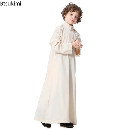 Boys Islamic Clothing Kids Muslim Jubba Thobe Solid Long Sleeve Stand Collar Kaftan Robes Arab Dubai Children Casual Abaya Dress