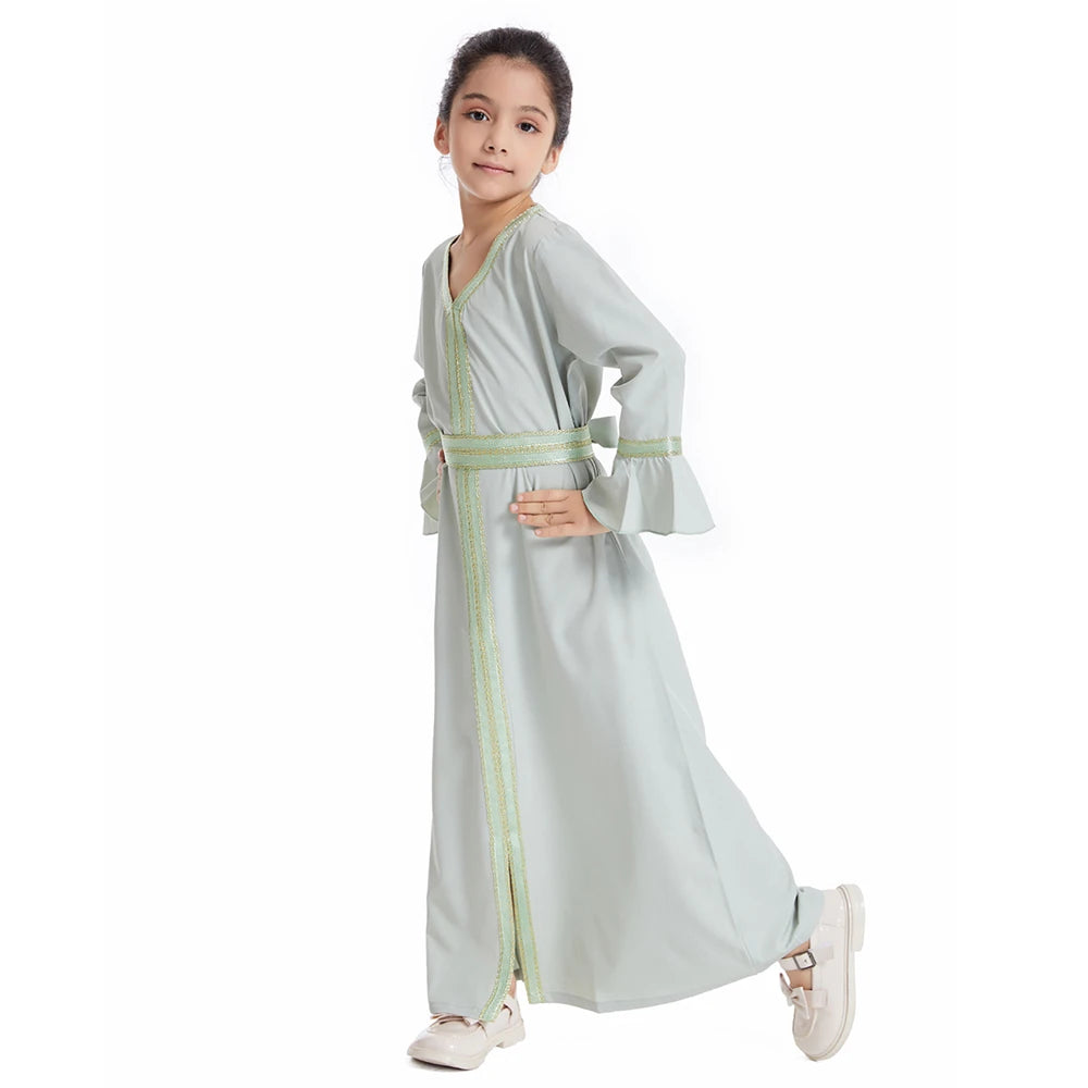 Kids Muslim Girls Abaya Prayer Long Maxi Dress Turkey Kaftan Arab Robe Dubai Islam Morocco Eid Party Ramadan Holiday Gown Caftan