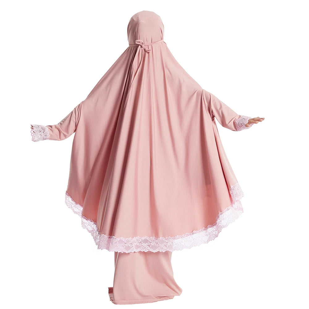 2Pcs Traditional Muslim Kids Girls Abaya Eid Hooded Overhead Hijab Burqa Maxi Skirt Sets Turkey Dubai Kaftan Prayer Garment Gown