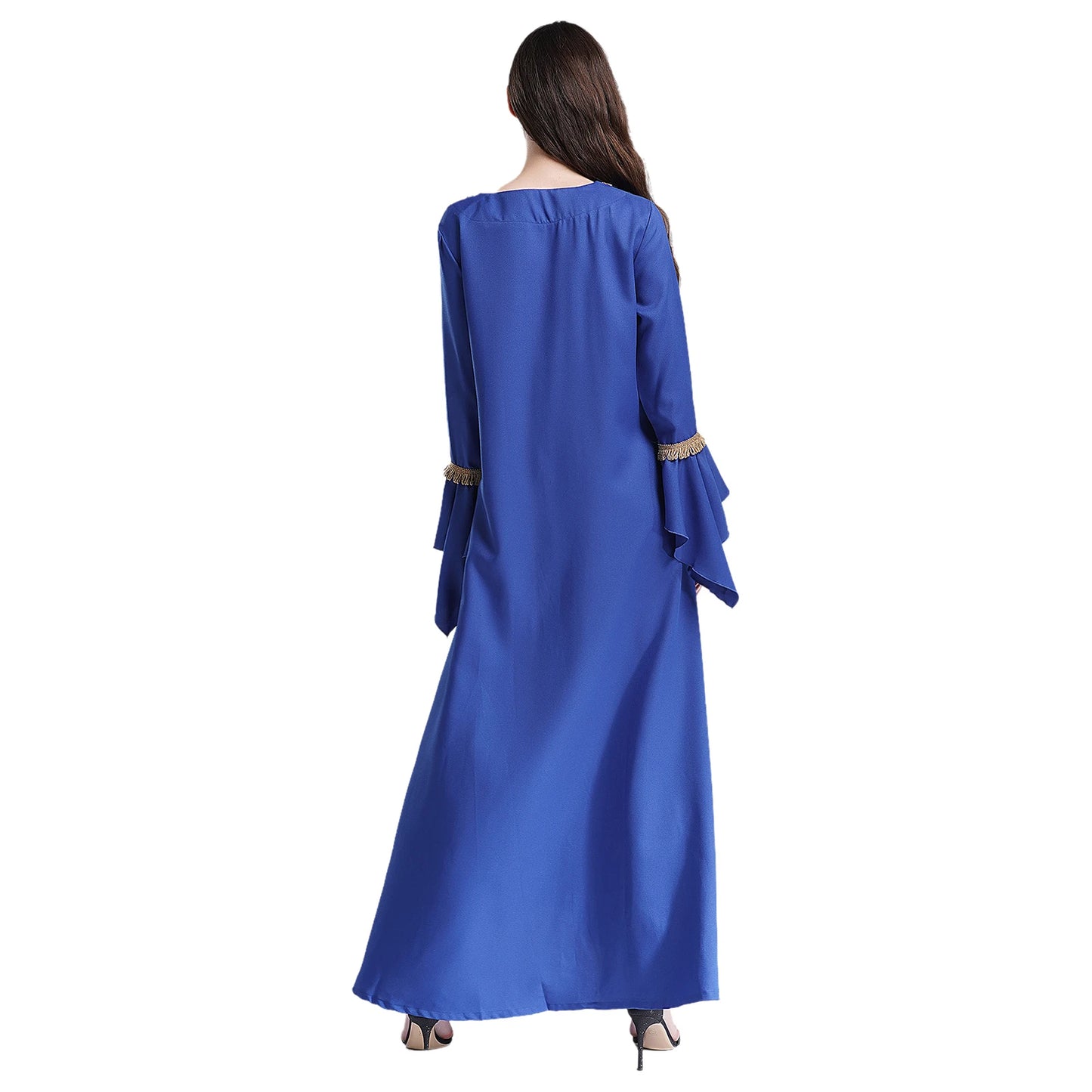 Elegant Womens Muslim Abaya Floor Length Robe V Neck Flared Sleeve Dress Halloween Witch Masquerade Gown Role Play Theme Party