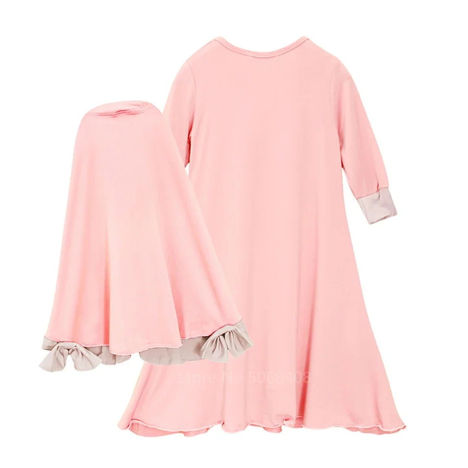 Muslim traditional clothing Islamic robe kids baby girls richer Saudi Arab Dubai solid abaya kaftan with ruffle bow hijab dress