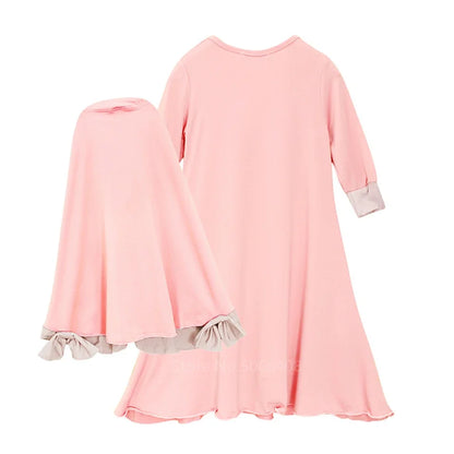 Muslim traditional clothing Islamic robe kids baby girls richer Saudi Arab Dubai solid abaya kaftan with ruffle bow hijab dress