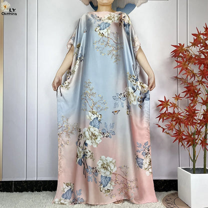 Muslim Abayas For Women 2023 New Fashion Printed Silk Soft Loose Femme Elegant Robe African Maxi Party Dresses With Belt Turban