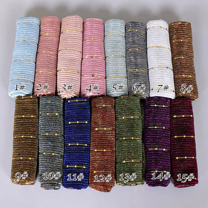 Glitter Women Gold Silk With Pearls Muslim Hijab Shawls And Wraps Islamic Turban Female Foulard Soft Thin Hijabs Head Scarf