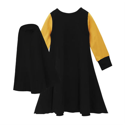 Patchwork Muslim Children 2 Pcs Prayer Dress Girls Hijab Abaya Ramadan Sets Arab Kids Headscarf Long Robe Islamic Kaftan Gown
