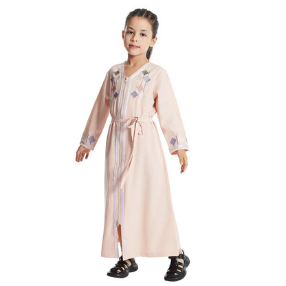 New Muslim Kids Girls Zipper Front Open Abaya Morocco Kaftan Islamic Child Clothes Eid Ramadan Jalabiya Arabic Robe Caftan Dress