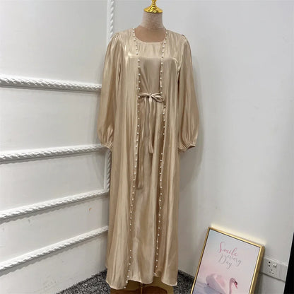 2 Piece Silk Satin Kimono Abaya Under Dress Morocco Muslim Sets Abayas for Women Dubai Arabic Cardigan Kaftan Robe Islam outfits