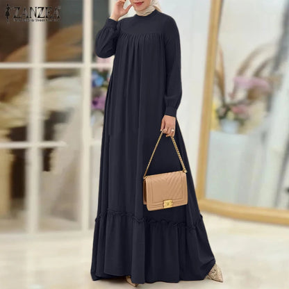 ZANZEA Women Muslim Dress Abaya Autumn Maxi Long Dress Kaftan Dubai Long Vestidos Robe Long Sleeve Solid Ruffles Hem Sundress