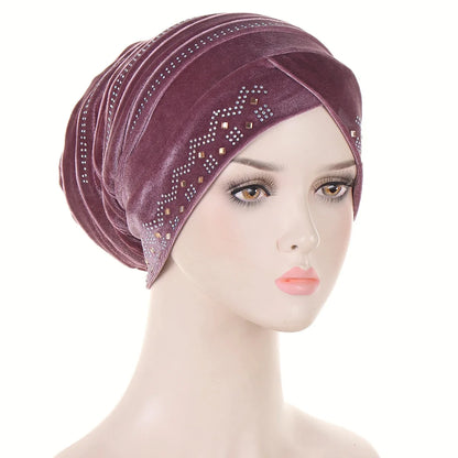 Glitter Diamonds Pleated Turban Cap Women Soft Velvet Head Wraps Caps Muslim Headscarf Bonnet Female Beanie Pullover Cap