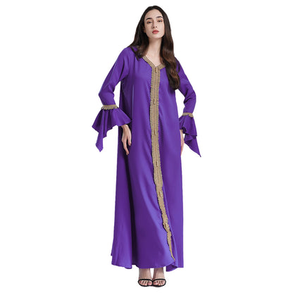 Elegant Womens Muslim Abaya Floor Length Robe V Neck Flared Sleeve Dress Halloween Witch Masquerade Gown Role Play Theme Party