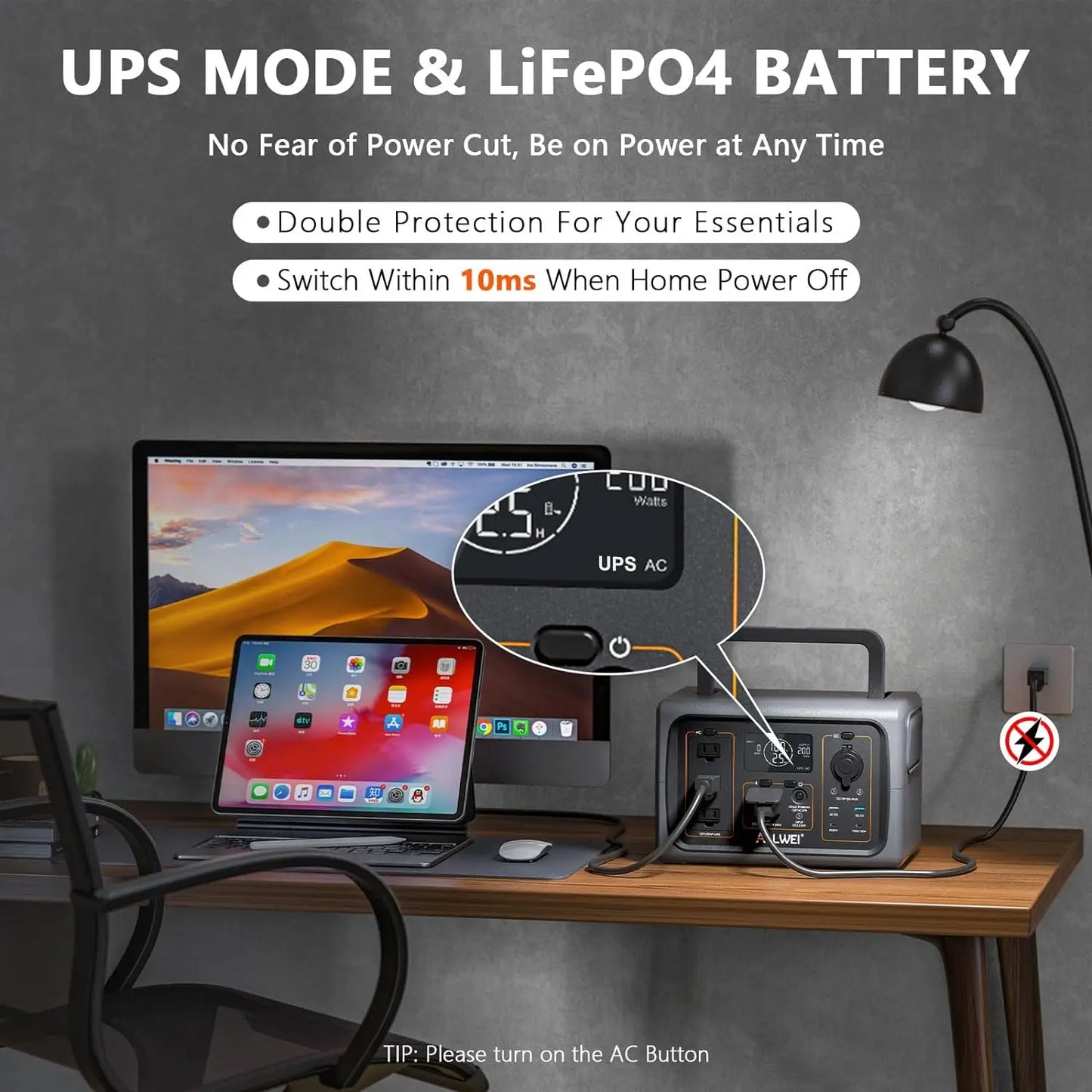 Portable Power Station 500W 512Wh LiFePO4 Battery UPS Function 2.5Hrs Fast Charge 3 AC Outlets Solar Generator