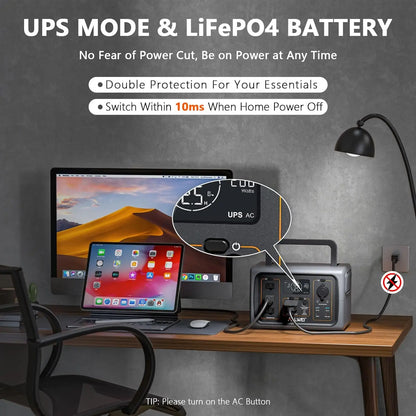 Portable Power Station 500W 512Wh LiFePO4 Battery UPS Function 2.5Hrs Fast Charge 3 AC Outlets Solar Generator