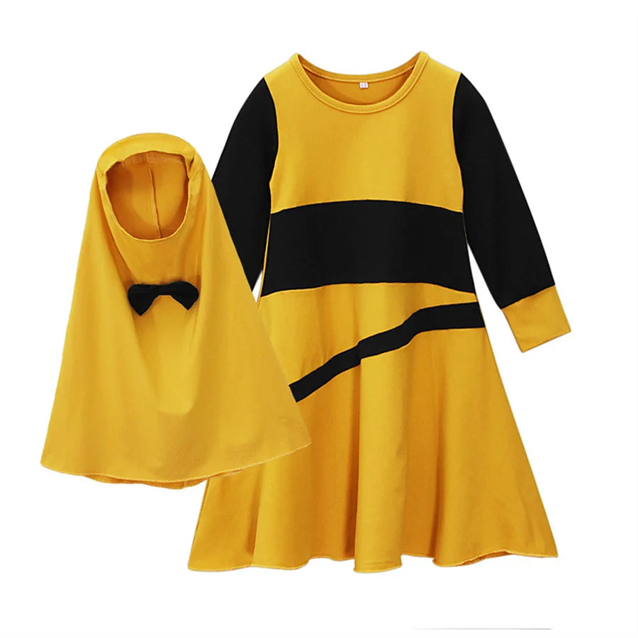 Patchwork Muslim Children 2 Pcs Prayer Dress Girls Hijab Abaya Ramadan Sets Arab Kids Headscarf Long Robe Islamic Kaftan Gown