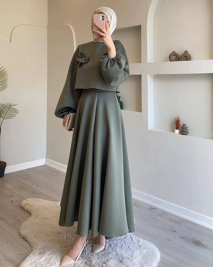 2  Piece Muslim Sets Women Middle East Dubai Flower Lantern Sleeve Tops Skirts Set Dress Kimono Kaftan 2pc Ramadan Islam Clothes