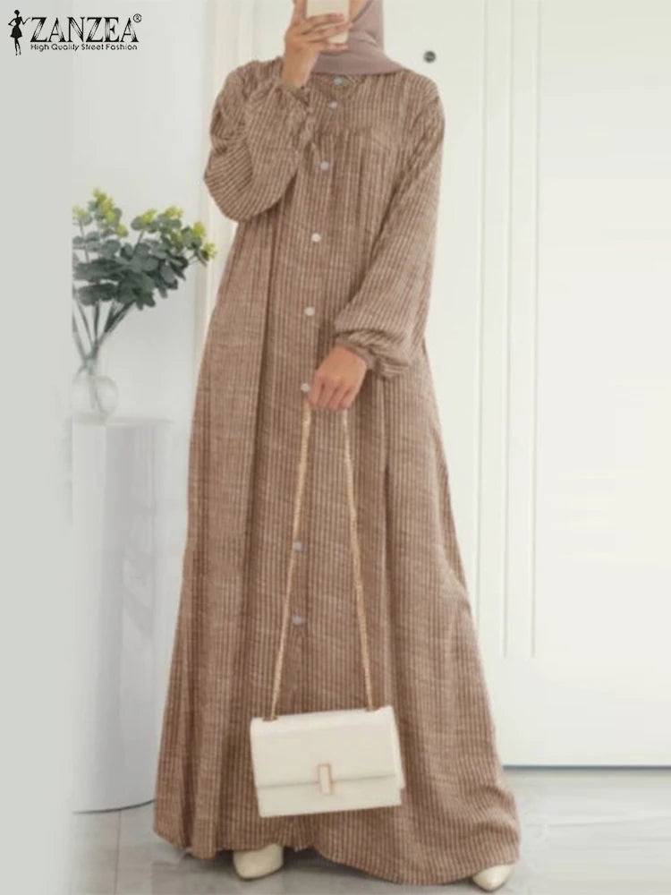 ZANZEA Autumn Sundress Women Vintage Long Sleeve Islamic Clothing Dubai Vestido Fashion Striped Muslim Abaya Dress Robe Femme