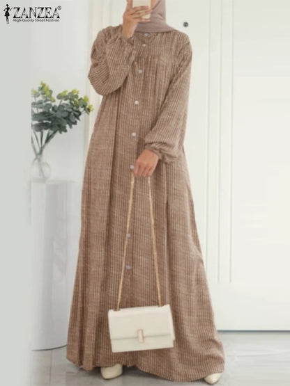 ZANZEA Autumn Sundress Women Vintage Long Sleeve Islamic Clothing Dubai Vestido Fashion Striped Muslim Abaya Dress Robe Femme