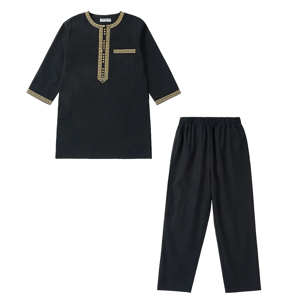 2025 Muslim Children Robe 2pc Set Long Sleeve Embroidery Dress Shirt+Pants Boys Fashion Abaya Kaftan Thobe Kids Islamic Clothing