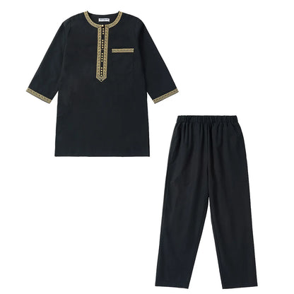 2025 Muslim Children Robe 2pc Set Long Sleeve Embroidery Dress Shirt+Pants Boys Fashion Abaya Kaftan Thobe Kids Islamic Clothing