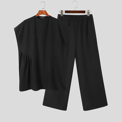 INCERUN Men Sets Muslim Clothing 2023 O-neck Short Sleeve T Shirt & Wide Leg Pants Two Pieces Solid Baggy Men Casual Suits 7