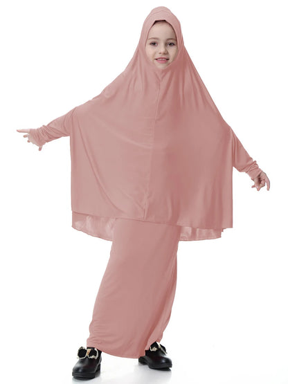 2pcs Set Abaya Muslim Kids Girls Gowns Long Overhead Hijab Maxi Dress Islamic Prayer Garment Clothing Set Turkey Khimar Ramadan