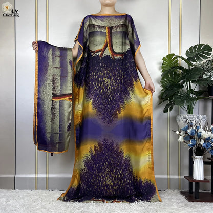 Muslim Abayas For Women 2023 New Fashion Printed Silk Soft Loose Femme Elegant Robe African Maxi Party Dresses With Belt Turban
