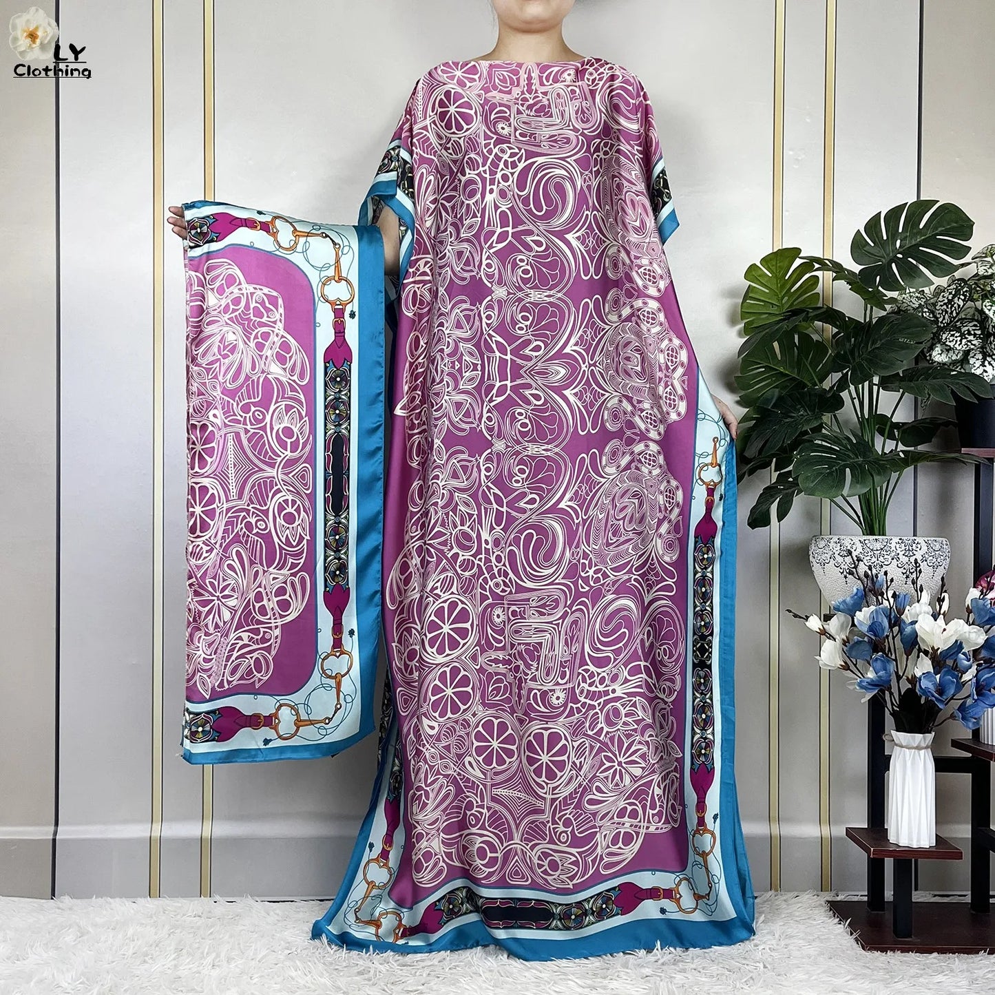 Muslim Abayas For Women 2023 New Fashion Printed Silk Soft Loose Femme Elegant Robe African Maxi Party Dresses With Belt Turban