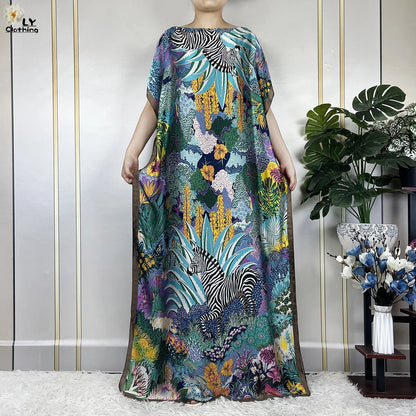 Muslim Abayas For Women 2023 New Fashion Printed Silk Soft Loose Femme Elegant Robe African Maxi Party Dresses With Belt Turban