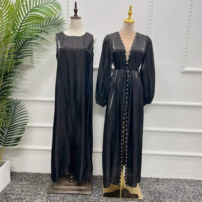 2 Piece Silk Satin Kimono Abaya Under Dress Morocco Muslim Sets Abayas for Women Dubai Arabic Cardigan Kaftan Robe Islam outfits