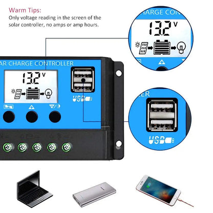 ECGSOLAX PWM Solar Charge Controller 10A 20A 30A 40A 50A 60A 12V/24V Battery Charger Solar Charge Regulator With Dual USB 5V/3A
