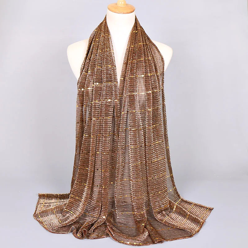 Glitter Women Gold Silk With Pearls Muslim Hijab Shawls And Wraps Islamic Turban Female Foulard Soft Thin Hijabs Head Scarf
