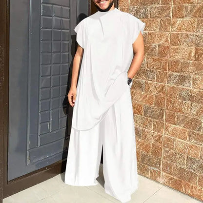 INCERUN Men Sets Muslim Clothing 2023 O-neck Short Sleeve T Shirt & Wide Leg Pants Two Pieces Solid Baggy Men Casual Suits 7
