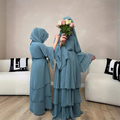Summer Modest Kaftan Hijab Dresses For Women Kids Open Chiffon Khimar Kimono Abaya Dubai Luxury Muslim Sets Islam Kebaya Damen