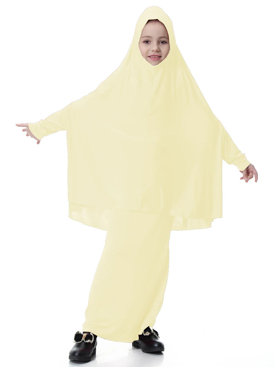 2pcs Set Abaya Muslim Kids Girls Gowns Long Overhead Hijab Maxi Dress Islamic Prayer Garment Clothing Set Turkey Khimar Ramadan