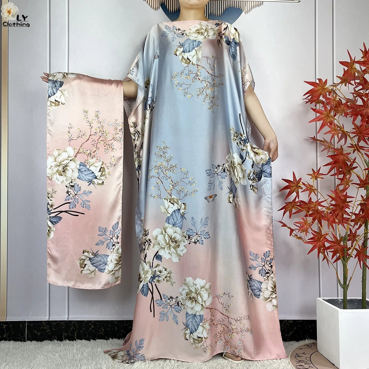 Muslim Abayas For Women 2023 New Fashion Printed Silk Soft Loose Femme Elegant Robe African Maxi Party Dresses With Belt Turban