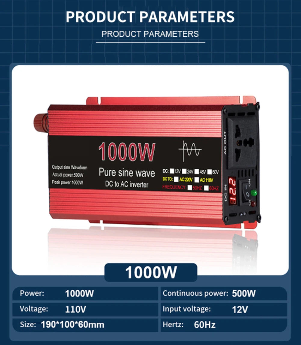 Pure Sine Wave Inverter DC 12V/24V To AC 110V/220V 1000W 1600W 2000W 2200W Portable Power Bank Converter Solar Inverter