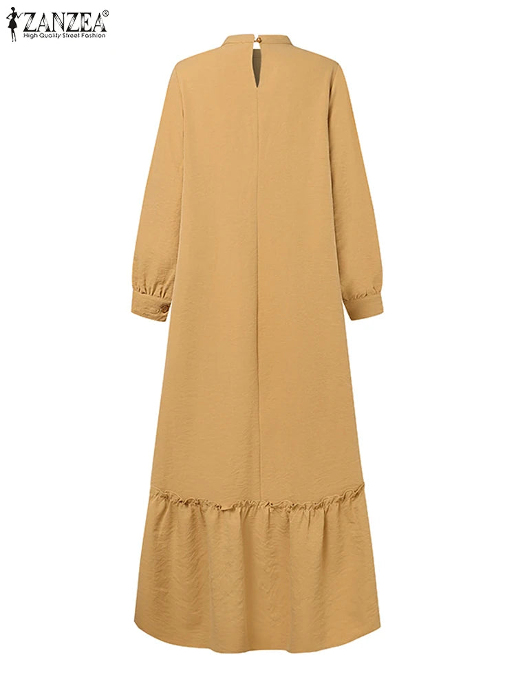 ZANZEA Women Muslim Dress Abaya Autumn Maxi Long Dress Kaftan Dubai Long Vestidos Robe Long Sleeve Solid Ruffles Hem Sundress