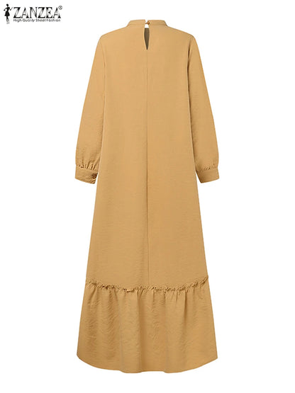 ZANZEA Women Muslim Dress Abaya Autumn Maxi Long Dress Kaftan Dubai Long Vestidos Robe Long Sleeve Solid Ruffles Hem Sundress