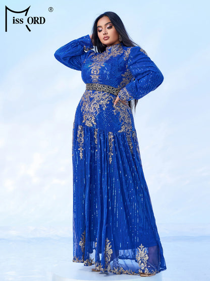 Missord New Blue Plus Size Muslim Round Neck Long Sleeved A Line Gown Evening Women Wedding Birthday Party Large Maxi Dress