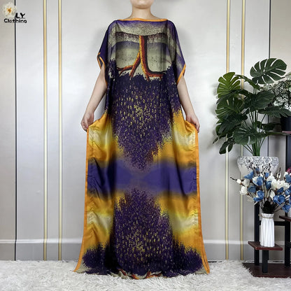 Muslim Abayas For Women 2023 New Fashion Printed Silk Soft Loose Femme Elegant Robe African Maxi Party Dresses With Belt Turban